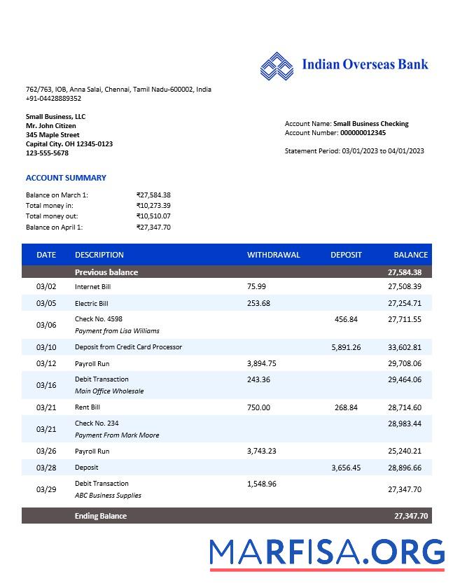 Printable Indian Overseas Bank organization account statement Word and PDF template